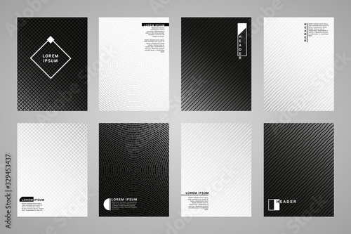Set, collection of flat minimal black and white gradient backgrounds with geometric patterns. Dynamic diagonal stripes, wavy streaks, plaid texture. Rectangle cover, business folder, poster design.