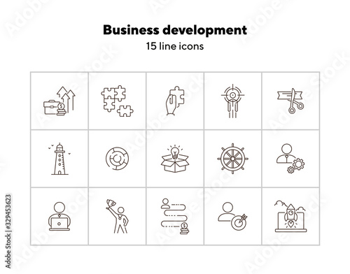 Business development icon set. Line icons collection on white background. Logic, efficiency, creativity. Innovation concept. Can be used for topics like management, strategy, solution