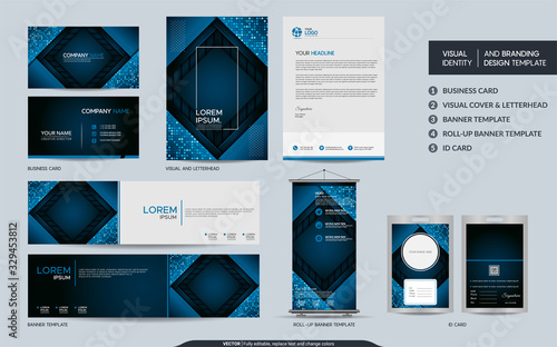 Modern blue stationery mock up and visual brand identity set.