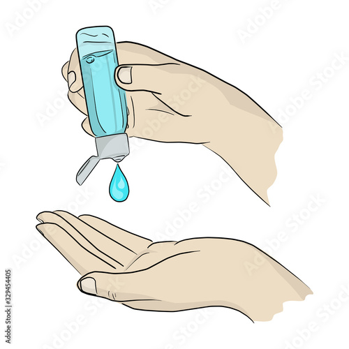 hands using hand sanitizer gel pump dispenser or alcohol to protect Covid-19 virus or coronavirus vector illustration sketch doodle hand drawn isolated on white background