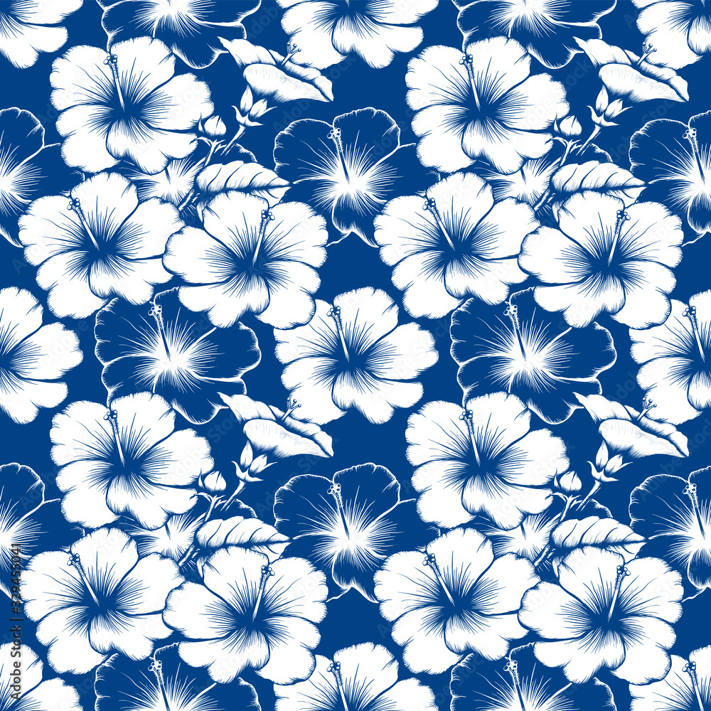 Seamless pattern botanical vintage Hibiscus flowers abstract classic blue backgground.Vector illustration drawing line art.For used wallpaper design,textile fabric or wrapping paper.
