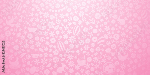 Background of small flowers and eggs, cake, hare, hen, chicken and other Easter symbols in pink colors