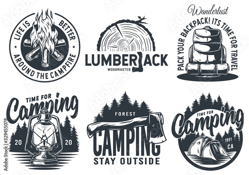 Carta da parati Set of camping travel outdoor adventure emblem