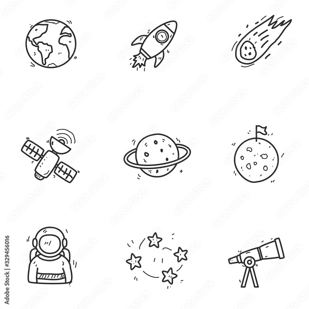 Set of astronomy doodle icons in cute hand drawn design isolated on white background 