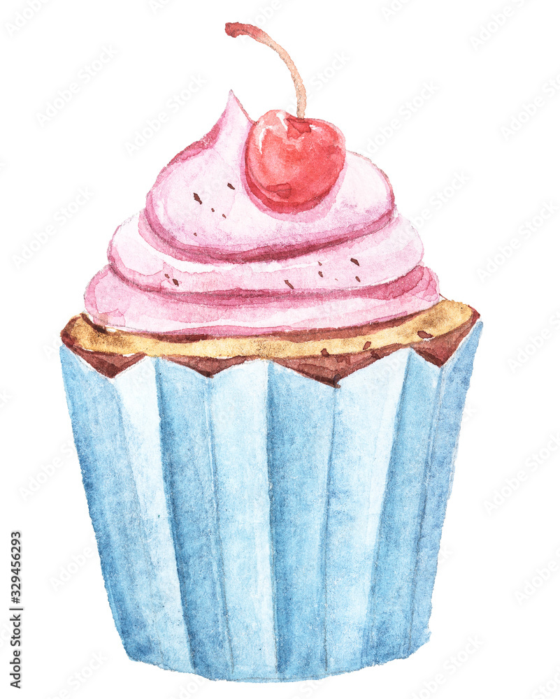 Watercolor cupcakes set with cherry. Illustration isolated on white ...