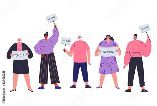 People of all ages are discriminated against by age.Different people not fit the demands of society.Ageism concept.Too old,too young.Employment problems.Cartoon character.Vector colorful illustration.