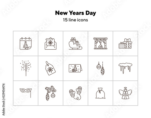 New Years Day thin line icon collection. Bengal fire, calendar, angel sign pack. Winter holidays concept. Vector illustration symbol elements for web design and apps