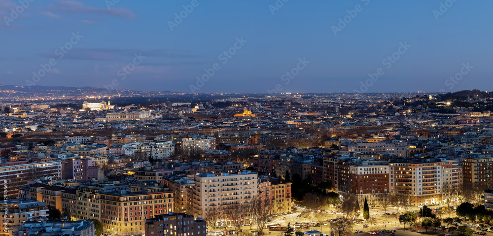 Rome skyline in the blue hour, in the evening lights.