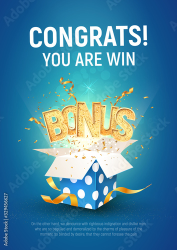 Golden bonus word flying from textured gift box and blue background. Winning prize vector illustration