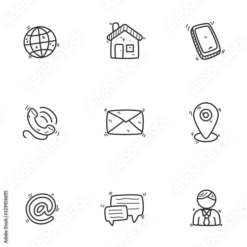 Set of contact icons in cute doodle design isolated on white background 