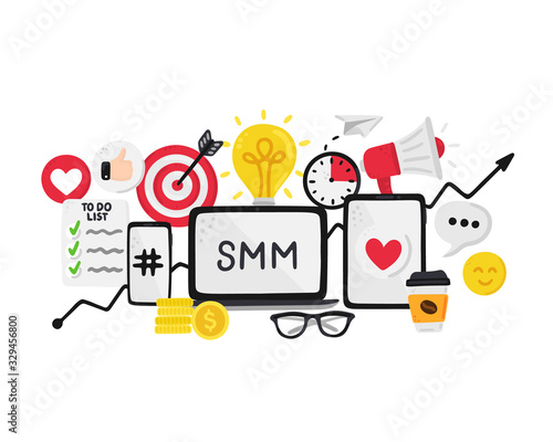 Vector smm elements. Social Media Marketing. Reach and promotion among target audience. Concept is for banner, advertising, mailing list, website, training presentation for marketers, posts, poster