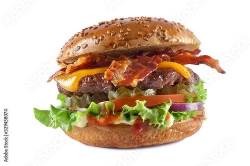 cheeseburger with bacon on a white background