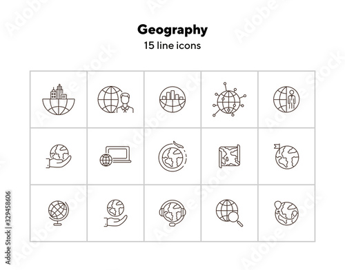 Geography line icon set. Businessman, globe, map, location pointer. Travel concept. Can be used for topics like travel abroad, business trip, tourism