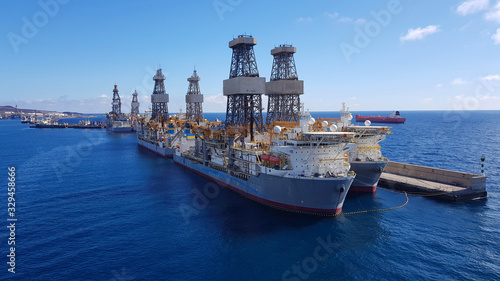 Many Drillships cold stacked at Las Palmas Port, Gran Canaria photo