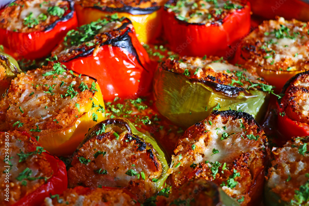 vegetarian stuffed paprika peppers with breadcrumbs and parsley