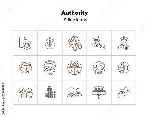 Authority line icon set. Police officer, detective, globe, handshake. Authority concept. Can be used for topics like foreign relations, politics, human right court