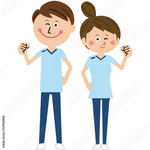 ポップな理学療法士・作業療法士・言語聴覚士の男女がガッツポーズ