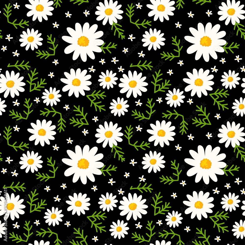 Daisy seamless pattern on black background. Floral ditsy print with small white flowers and green leaves. Chamomile trend design great for fashion fabric, trend textile and wallpaper. Daisy seamless pattern on black background. Floral ditsy print with small white flowers and green leaves. Chamomile trend design great for fashion fabric, trend textile and wallpaper.