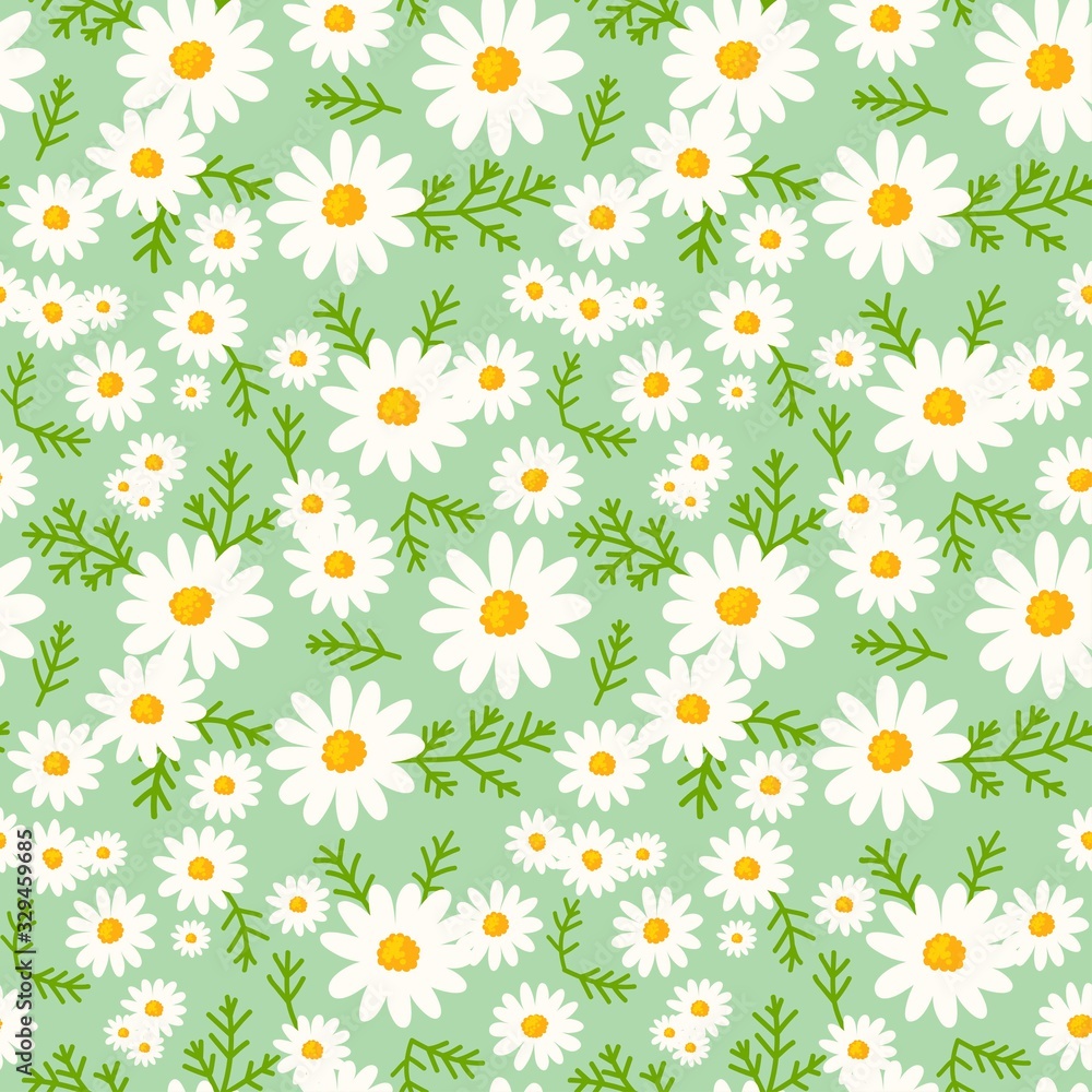 Daisy seamless pattern on fresh mint background. Floral ditsy print with small white flowers and leaves. Chamomile herbal design great for fashion fabric, kitchen textile and wallpaper.