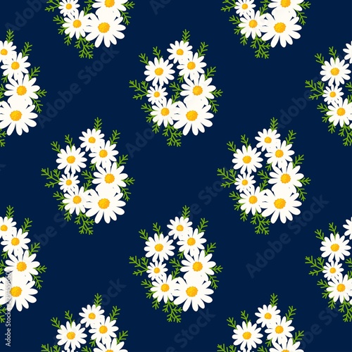 Floral seemless pattern made of daisy bouquet with small white flowers and green leaves. Chamomile background. Spring summer vintage motif. Vector