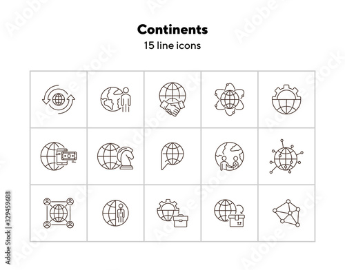 Continents line icon set. Globe, world, person, briefcase, handshake. Foreign affairs concept. Can be used for topics like global business, transaction, networking