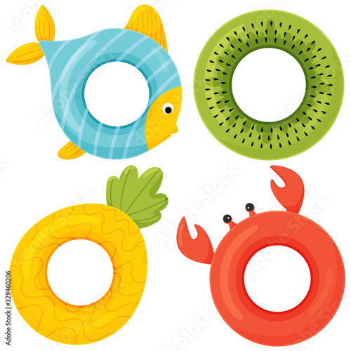 Set of colorful rubber swimming rings. Vector flat style cartoon icon