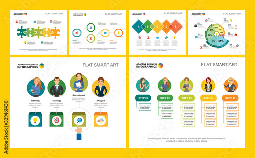 Colorful management or teamwork concept infographic charts set. Business design elements for presentation slide templates. For corporate report, advertising, leaflet layout and poster design.
