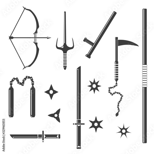 Martial Arts Weapons Black Vector Icon illustration Silhouette Set.