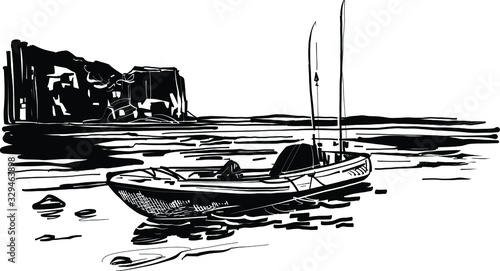the vector sketch of the sea fishing kayak on the beach