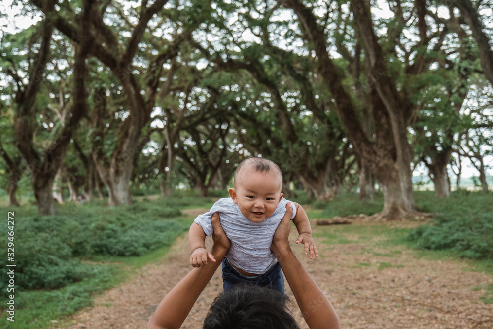 Dad is carrying up his baby while walking in the park while enjoying a vacatio Dad is carrying up his baby while walking in the park while enjoying a vacatio