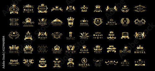 Golden Hotel Luxury Logo Set - Isolated On Black Background, Vector.Icons Collection Of Golden Hotel Logo, Emblem And Label.Useful For Badge,Seal And Design Template.Vector Illustration Of Luxury Logo