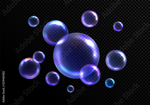 Realistic soap bubbles isolated on black transparent background. Vector illustration