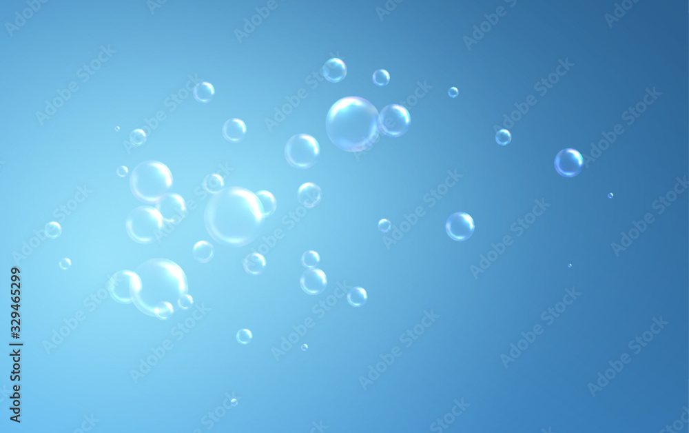 Realistic soap bubbles on blue background. Vector illustration