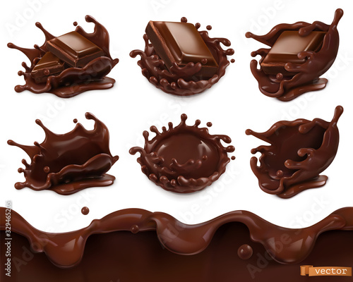 Piece of chocolate and chocolate splash. Seamless pattern. 3d vector realistic food objects set