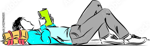 man laying down reading book vector illustration