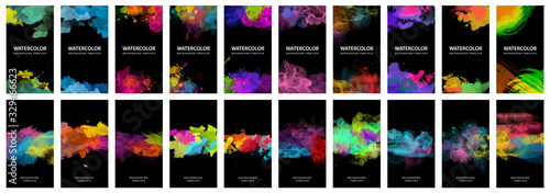 Big set of bright vector colorful watercolor on black background for poster, brochure or flyer