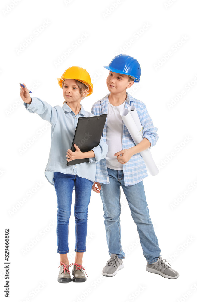 Cute little architects on white background Cute little architects on white background