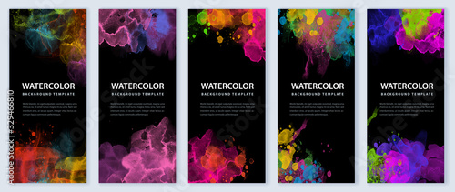 Big set of bright vector colorful watercolor on black background for poster, brochure or flyer