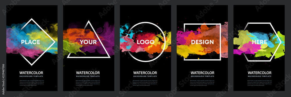 Fototapeta Watercolor black background over geometric frame vector design headline, logo and sale banner template set