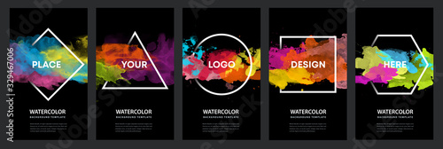 Watercolor black background over geometric frame vector design headline, logo and sale banner template set