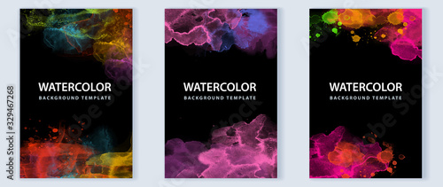 Set of vibrant vector colorful watercolor on black background for poster, brochure or flyer