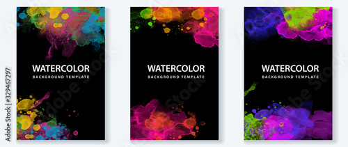 Set of vibrant vector colorful watercolor on black background for poster, brochure or flyer
