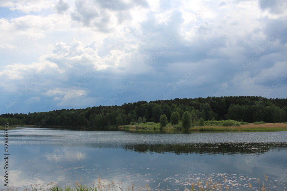 lake pond in the grass in the summer in the forest on the background of a thundercloud river