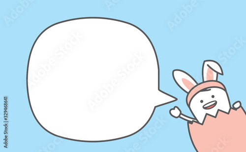 Dental cartoon of a tooth pretend to be bunny smiling in an egg and wave hand with blank speech bubble illustration cartoon character vector design on blue background.  Dental care concept.