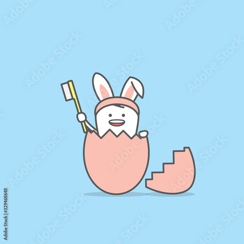 Dental cartoon of a tooth pretend to be bunny smiling in an egg and holding a toothbrush  illustration cartoon character vector design on blue background.  Dental care concept.