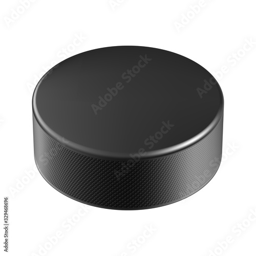 Realistic black rubber hockey puck isolated on white background. Ice hockey competition and design element for tournament announcement. Sports equipment for team game on stadium vector illustration.