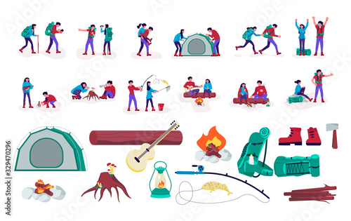 Set of hiking people and stuff