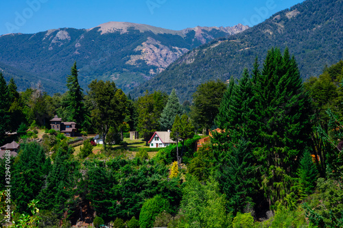 Houses in the forest near Perito Moreno Lake. Taken from Llao Llao Hotel. Bariloche, Argentina photo
