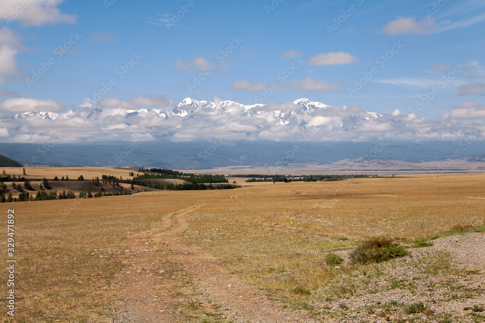 altai canyon steppe and mountains at background