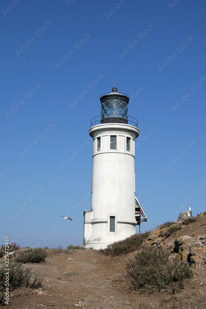 Lighthouse on East Anacapa Island in Channel Islands National Park, California on sunny summer afternoon.